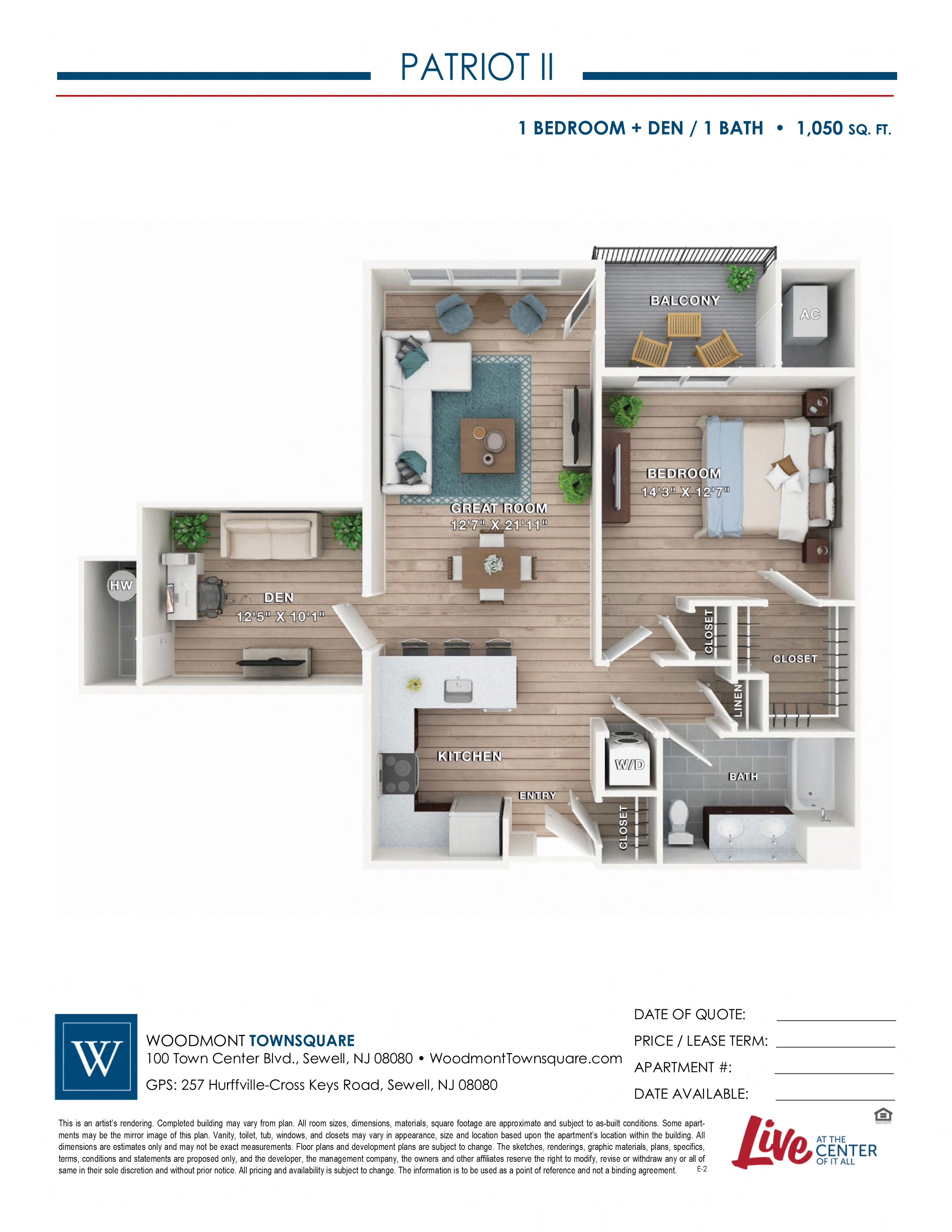 Floor plan for 1 bed, 1 bath, 1050 sqft